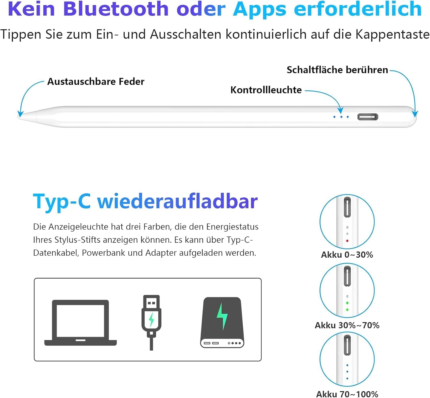 Detalle de Stylus Pen für Android-Touchscreens – 15-Minuten Schnellladung, 2 Ersatzspitzen, kompatibel mit Samsung/Huawei/Phone/Lenovo/XiaoMi