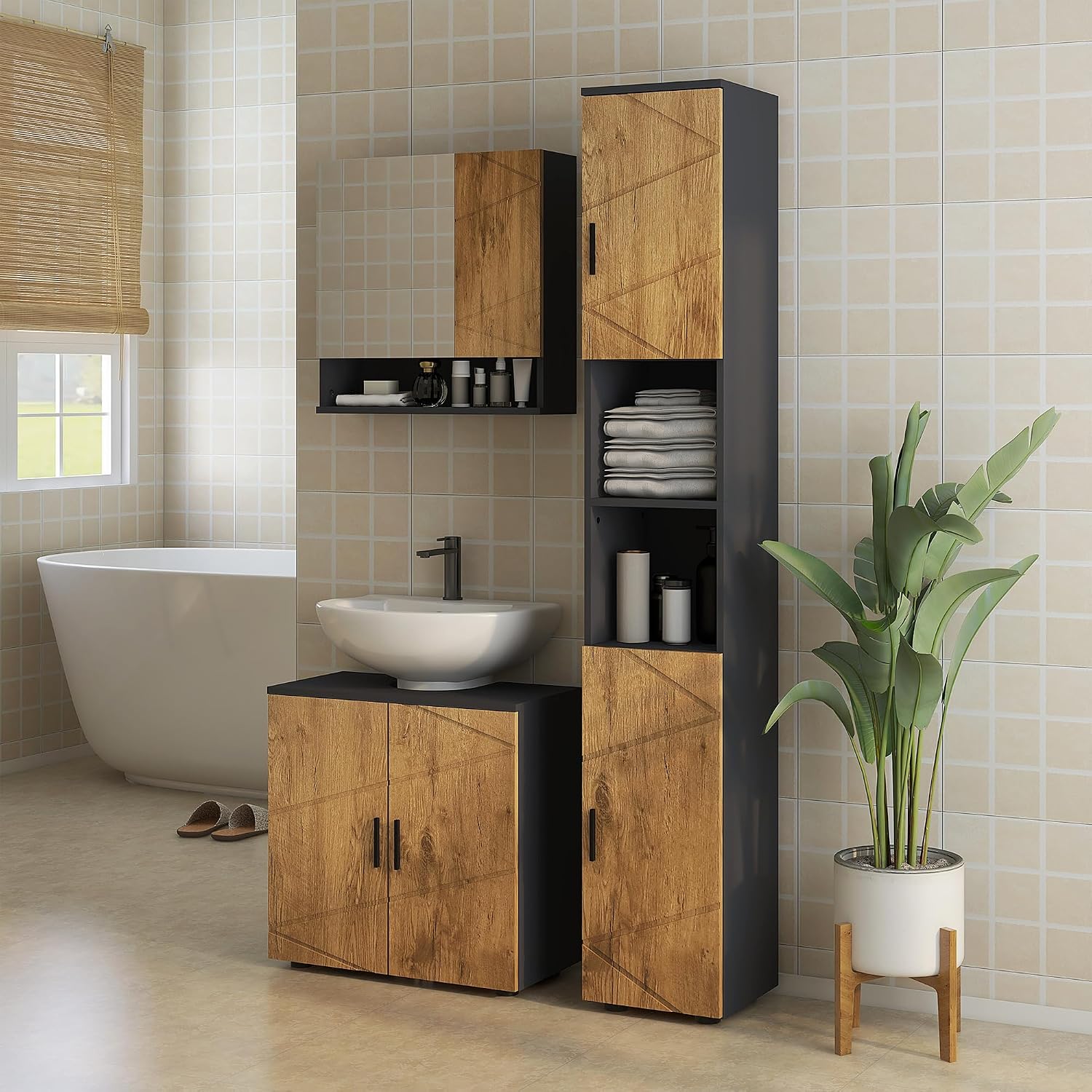 Thumbnail 1 de kleankin Colonne Armoire Salle de Bain 183 cm Gris foncé