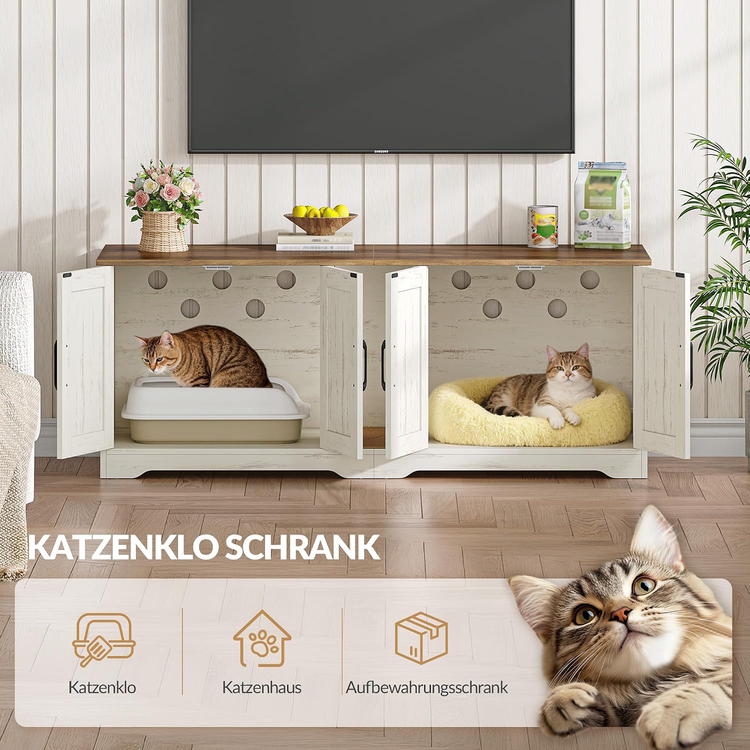 Detalle de Fobyfurny Katzenklo Schrank für 2 Katzen – 140 x 50 x 55 cm, Braun & Weiß (FPCB103PWR1)
