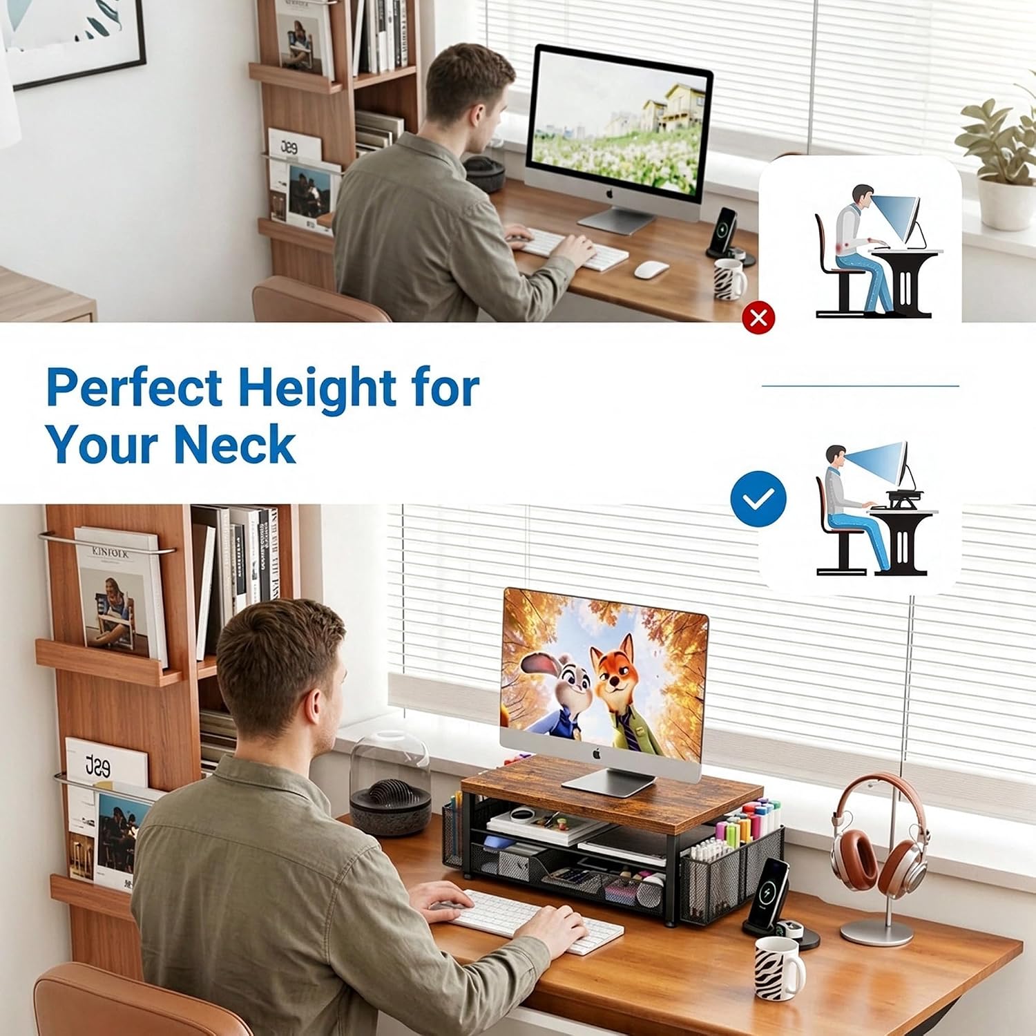 Thumbnail 3 de OPNICE CMS Desk Organizer Monitor Stand with Drawer and Pen Holders, Wood Brown