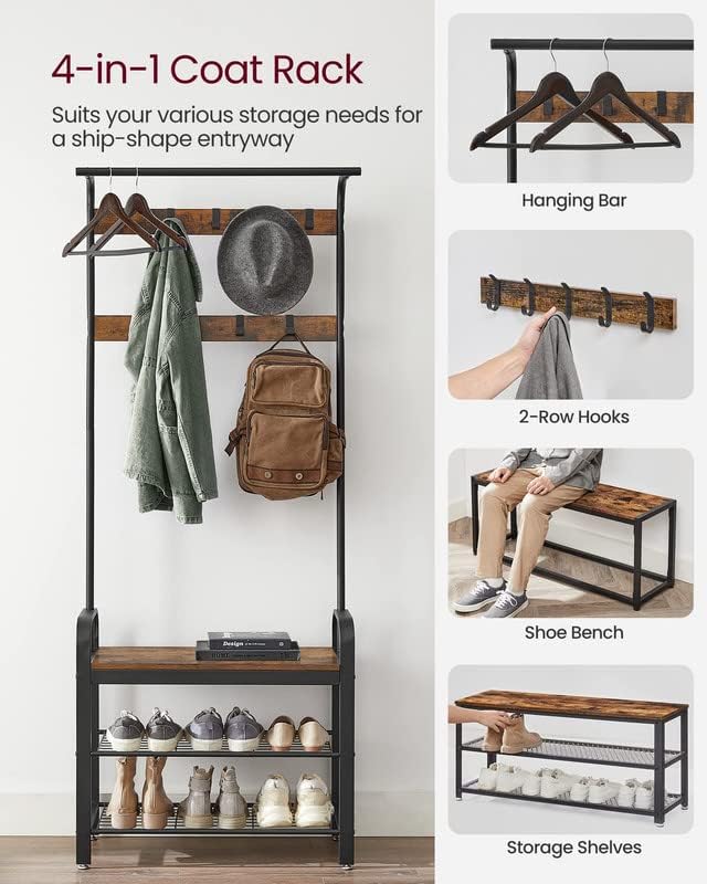 Detalle de VASAGLE Hall Tree with Shoe Bench, 9 Hooks