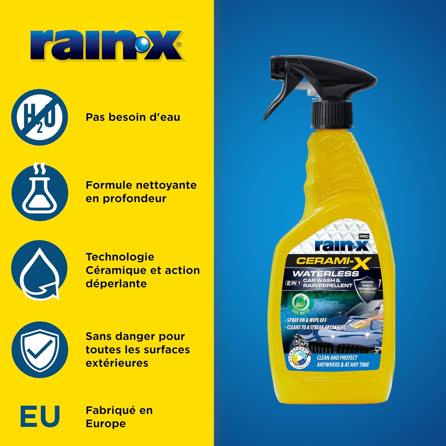 Detalle de Rain-X Nettoyant Voiture Sans Eau avec Traitement Céramique – 750 ml : brillance, protection et praticité à portée de spray