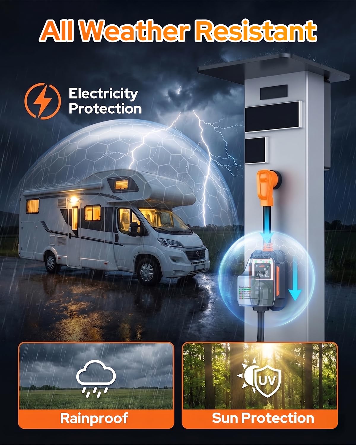 Detalle de GEARGO ALL-NEW RV Surge Protector 50 Amp with 30000J and Smart App: Robust Shutdown, Real-Time Monitoring, and IP68 Protection