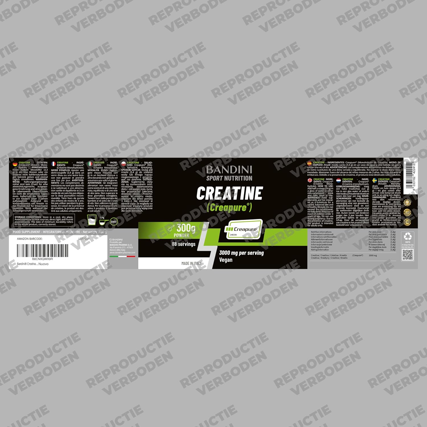 Detalle 1 de BANDINI Creatine CREAPURE creatine-monohydraatpoeder, 300 g, neutraal en vegan