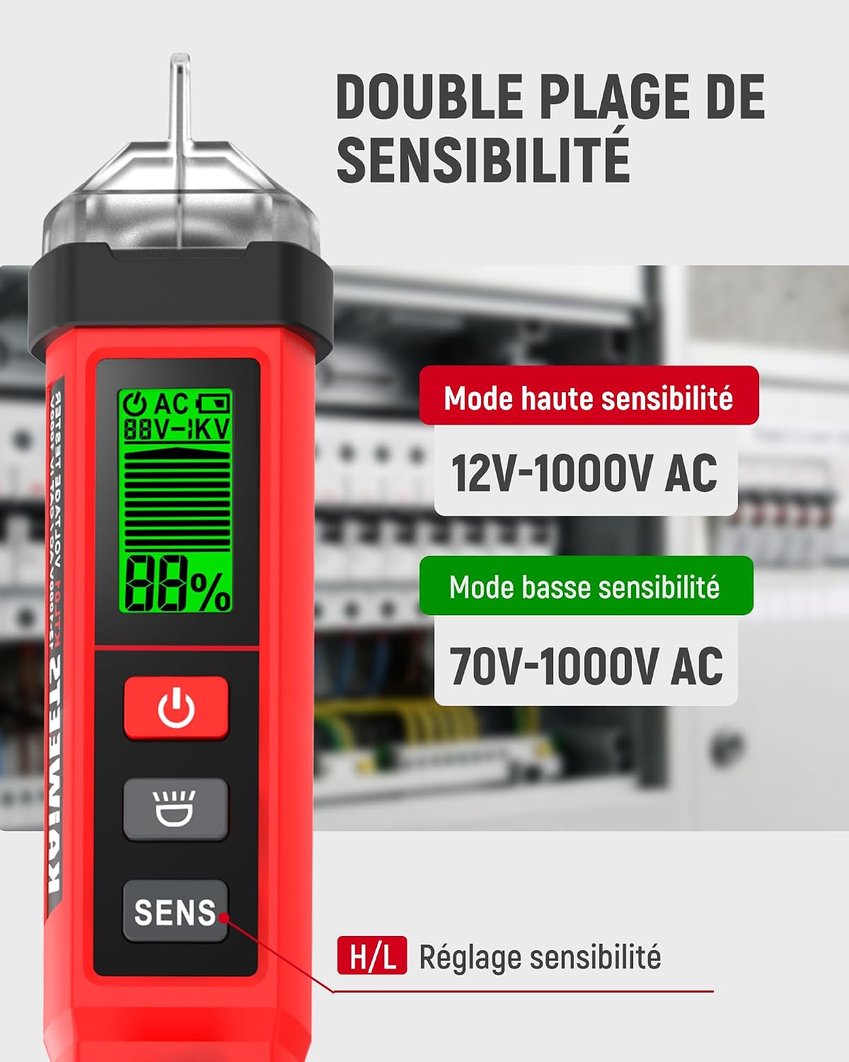 Thumbnail 2 de KAIWEETS Testeur de tension sans contact NCV double plage 12–1000V / 70–1000V AC avec écran LCD