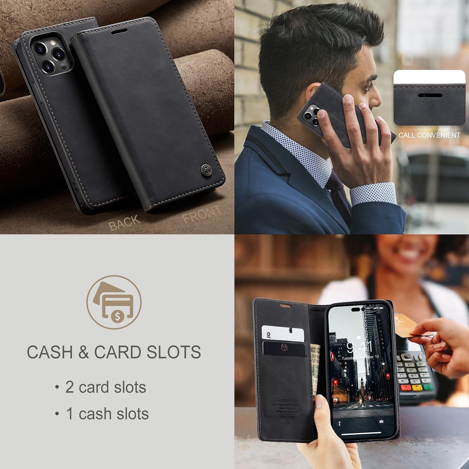 Detalle de Cracedily Klapphülle Premium Leder für iPhone 14 Pro Max – Schwarz