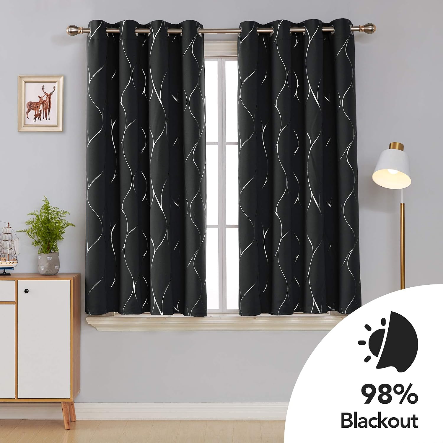 Detalle de Deconovo Blackout Curtains – 2 Panels, 46 x 54 Inch, Thermal Insulated with Wave Foil Print (Black)
