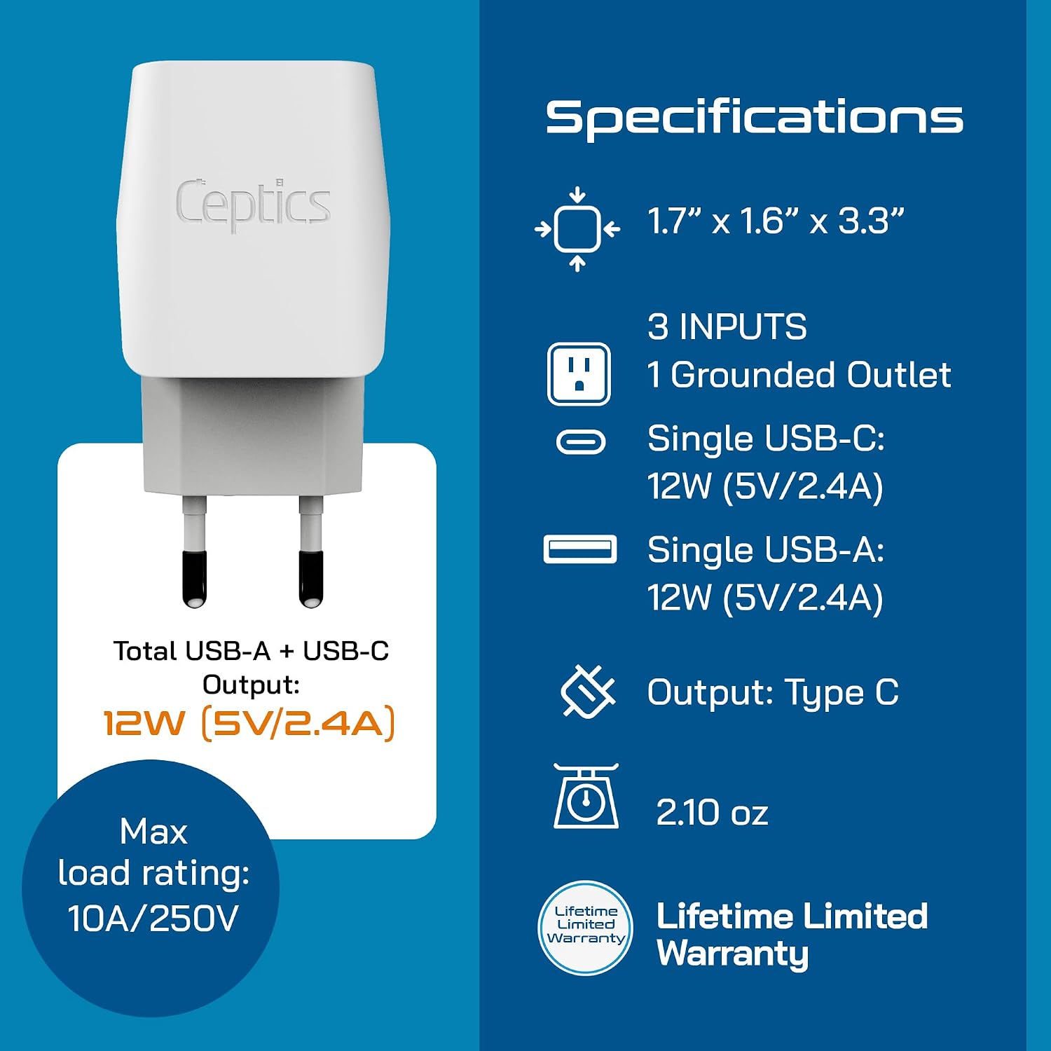 Detalle de Ceptics 3 in 1 European Travel Plug Adapter CTU-9C
