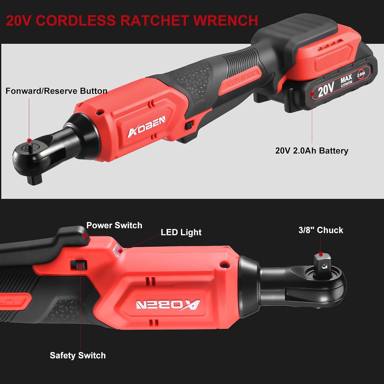 Detalle 2 de AOBEN AB7332D 20V 3/8-Inch Cordless Ratchet Wrench Kit, Brushless, 60 ft-lb