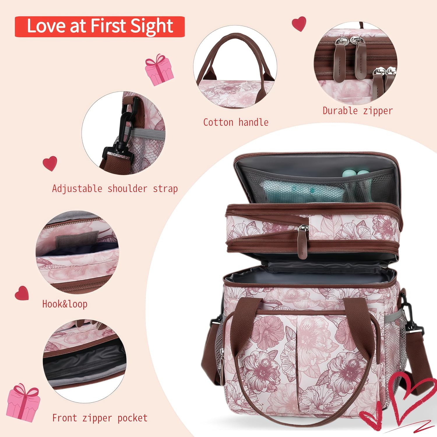Detalle 2 de leocwen leocwenbag-1 Insulated Lunch Bag, 15 L, Pink Floral, 8 Pockets