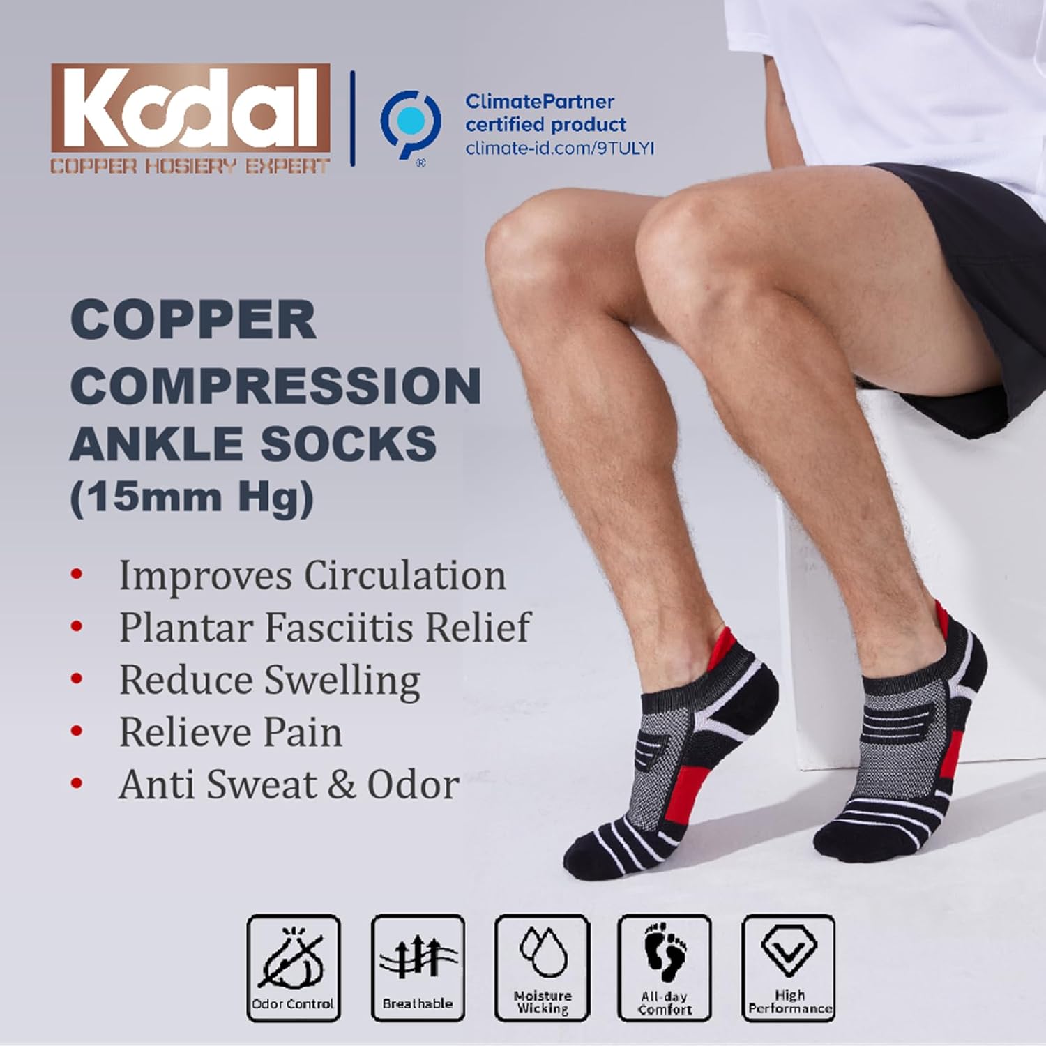 Thumbnail 5 de Kodal Copper Cushioned Athletic Ankle Socks (5 Pairs) – Low Cut Training Socks with Arch Compression