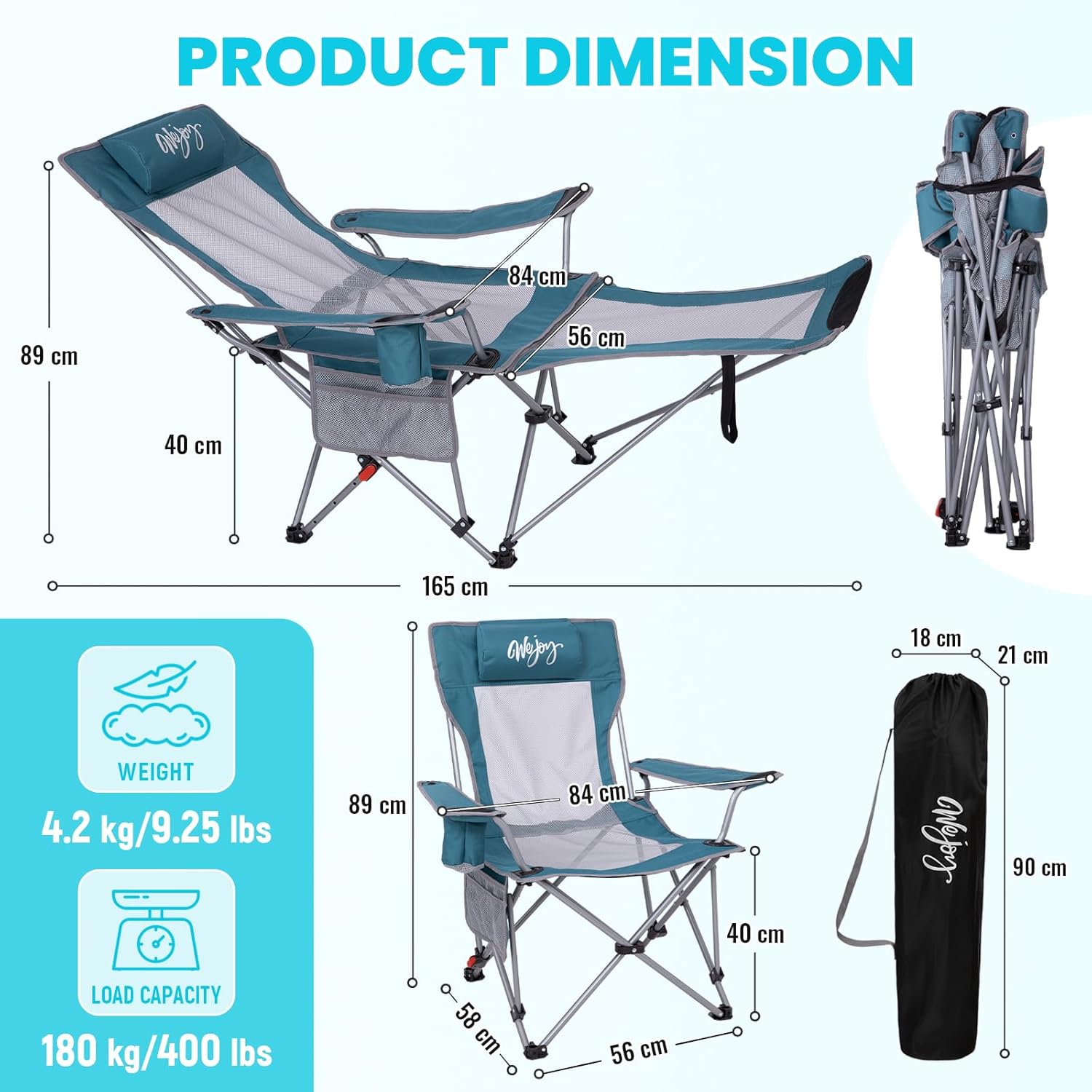 Thumbnail 1 de #WEJOY Reclining Camping Chair with Footrest, 4-Position Adjustable (180kg capacity) and Headrest