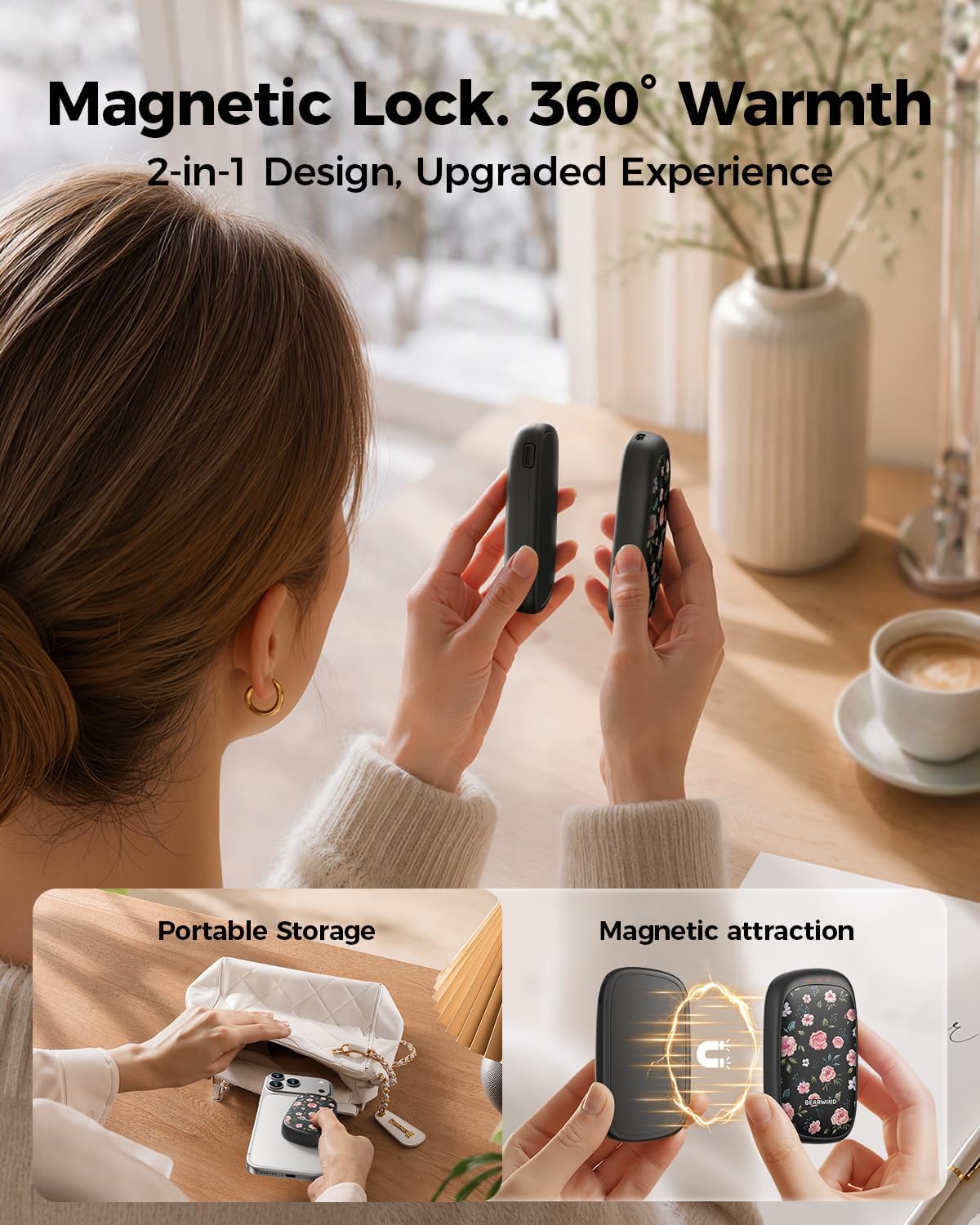Detalle de Bearwind Rechargeable Hand Warmers, 2-Pack with Floral Design and Magnetic Connection