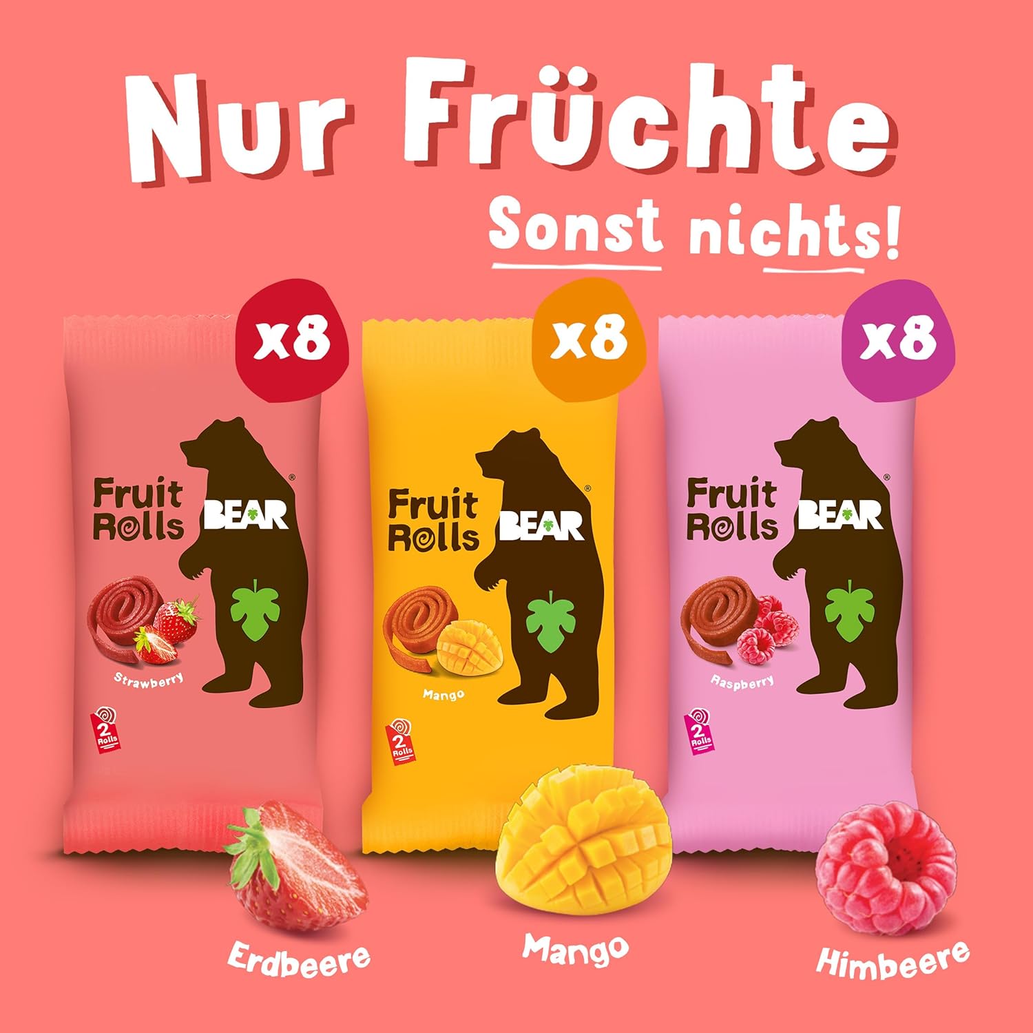 Detalle de BEAR Fruchtrollen Mixbox – 100% Natürliche Inhaltsstoffe, ohne Zuckerzusatz, 24 Beutel (480 g)