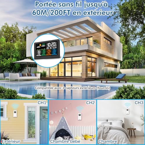Detalle de Station météo sans fil Qxmcov avec 3 capteurs et écran couleur – précision intérieur/extérieur