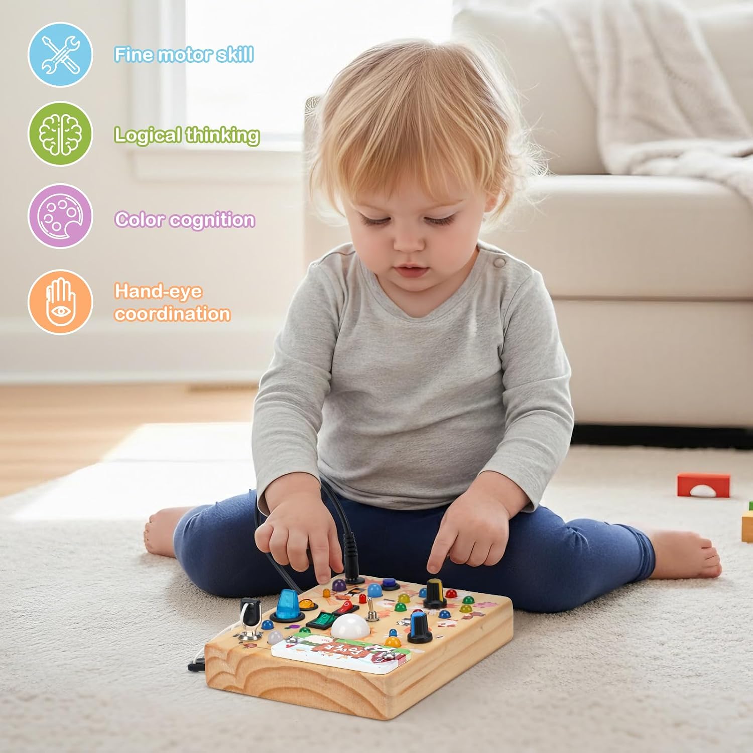 Detalle 2 de Sanlebi LED Busy Board for Toddlers, Wooden Farm Activity Toy with 10 Switches