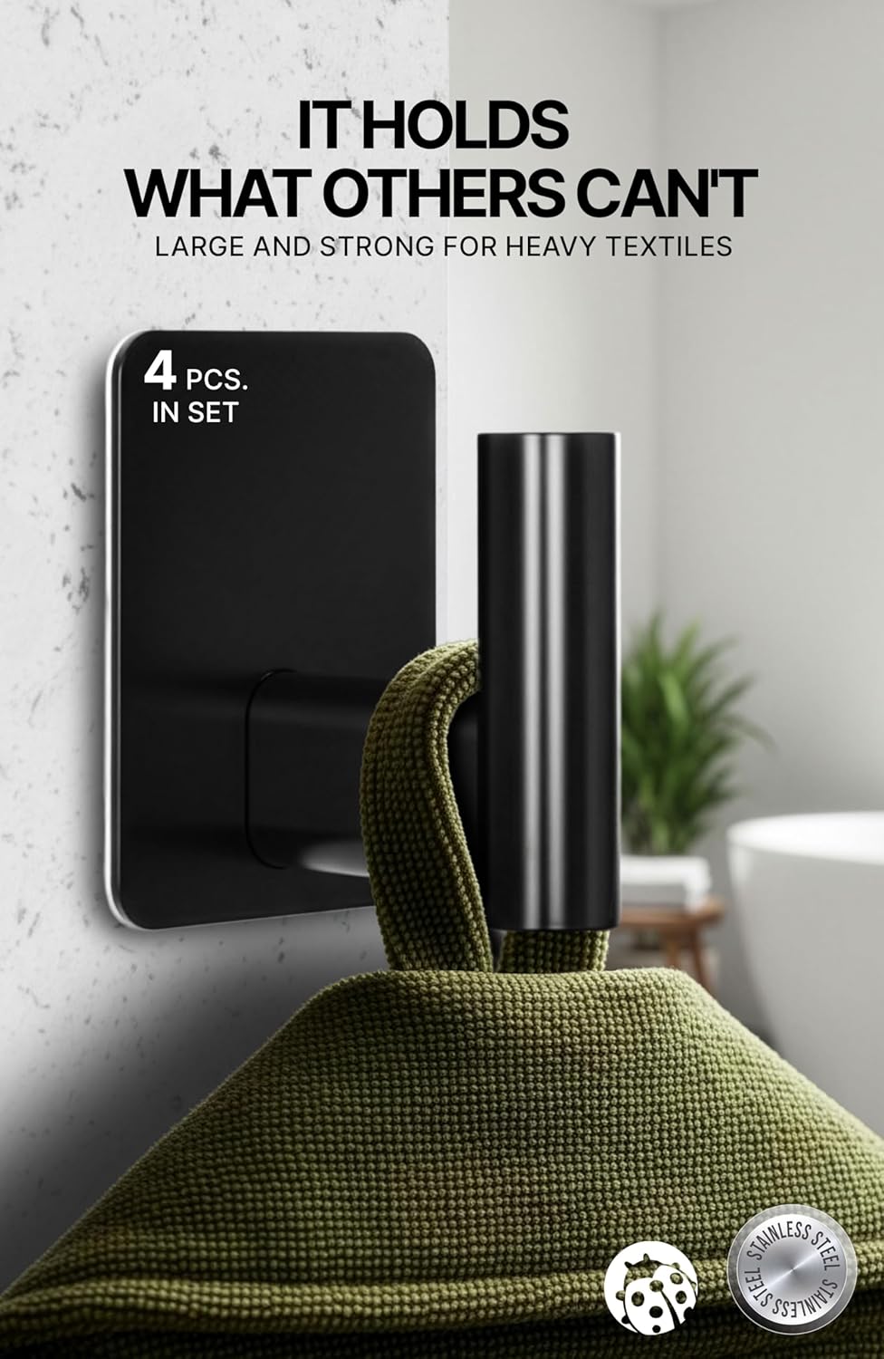 Detalle de Menz Extra-Large Self Adhesive Hooks (Set of 4) – heavy duty stick-on coat hooks with 3M waterproof tape