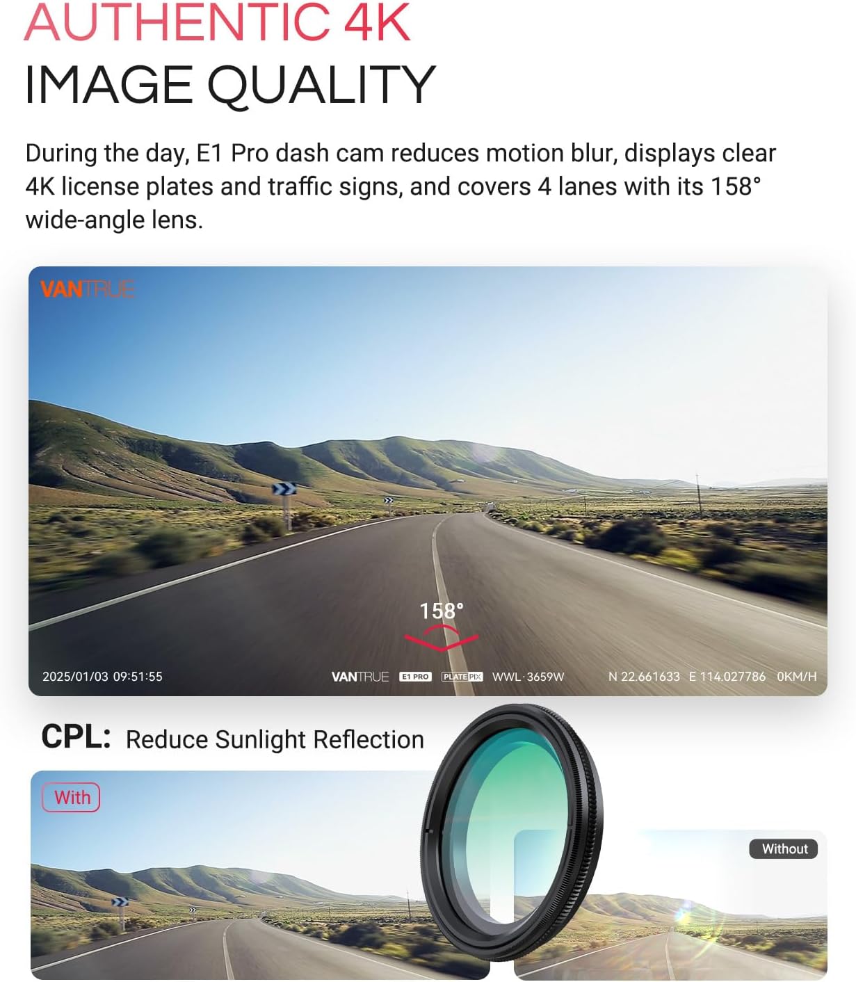 Thumbnail 3 de VANTRUE E1 Pro 4K HDR Front Dash Cam with Sony STARVIS 2, 5G WiFi, GPS & Voice Control