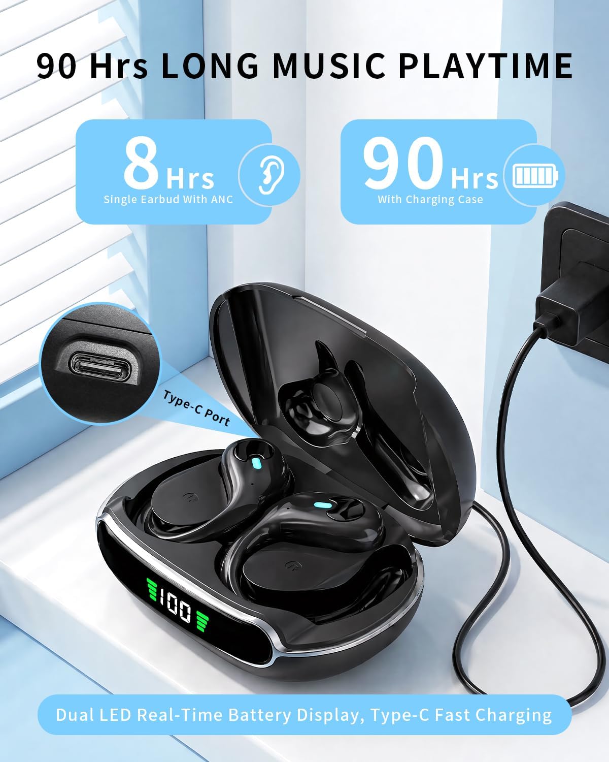 Detalle de WHYKJTEK BX30 Open-Ear Wireless Earbuds, ANC, 90-Hour Playtime, IPX7 Black