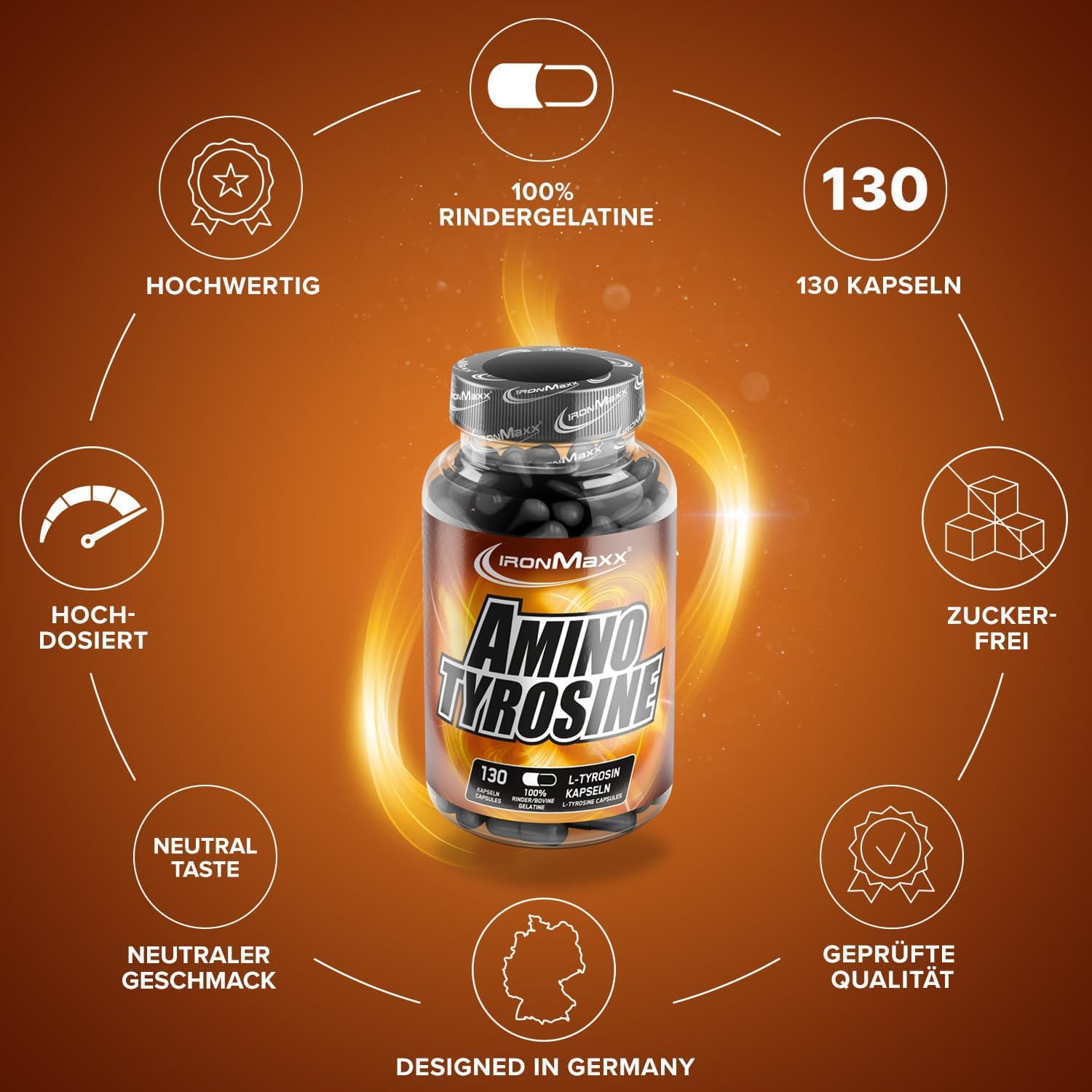 Detalle de IronMaxx Amino Tyrosin – 130 Kapseln, L-Tyrosin 700 mg pro Kapsel