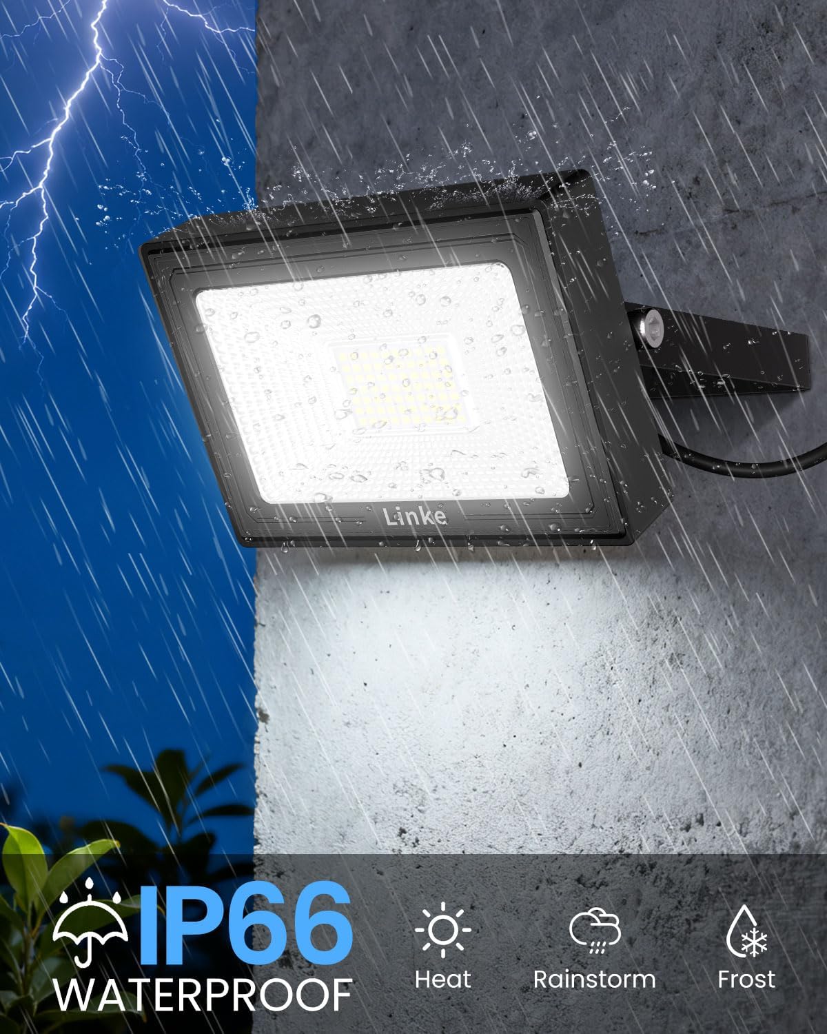 Detalle de LINKE 60W LED Floodlights with Plug (2 Pack) – 5200LM, IP66, 6500K Daylight White, 120° Beam