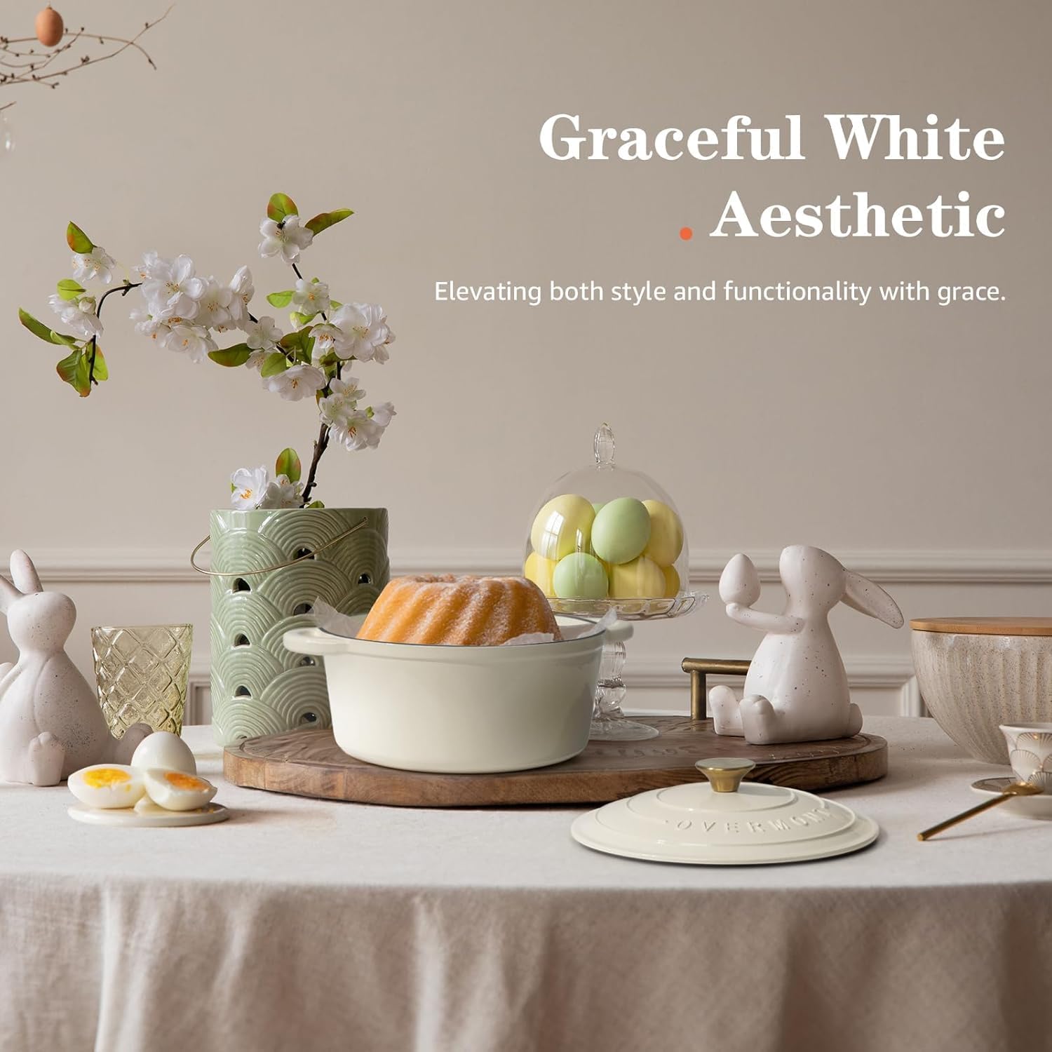 Detalle de Overmont 26cm Enamelled Cast Iron Round Casserole Pot with Lid – 5.2L Cream White