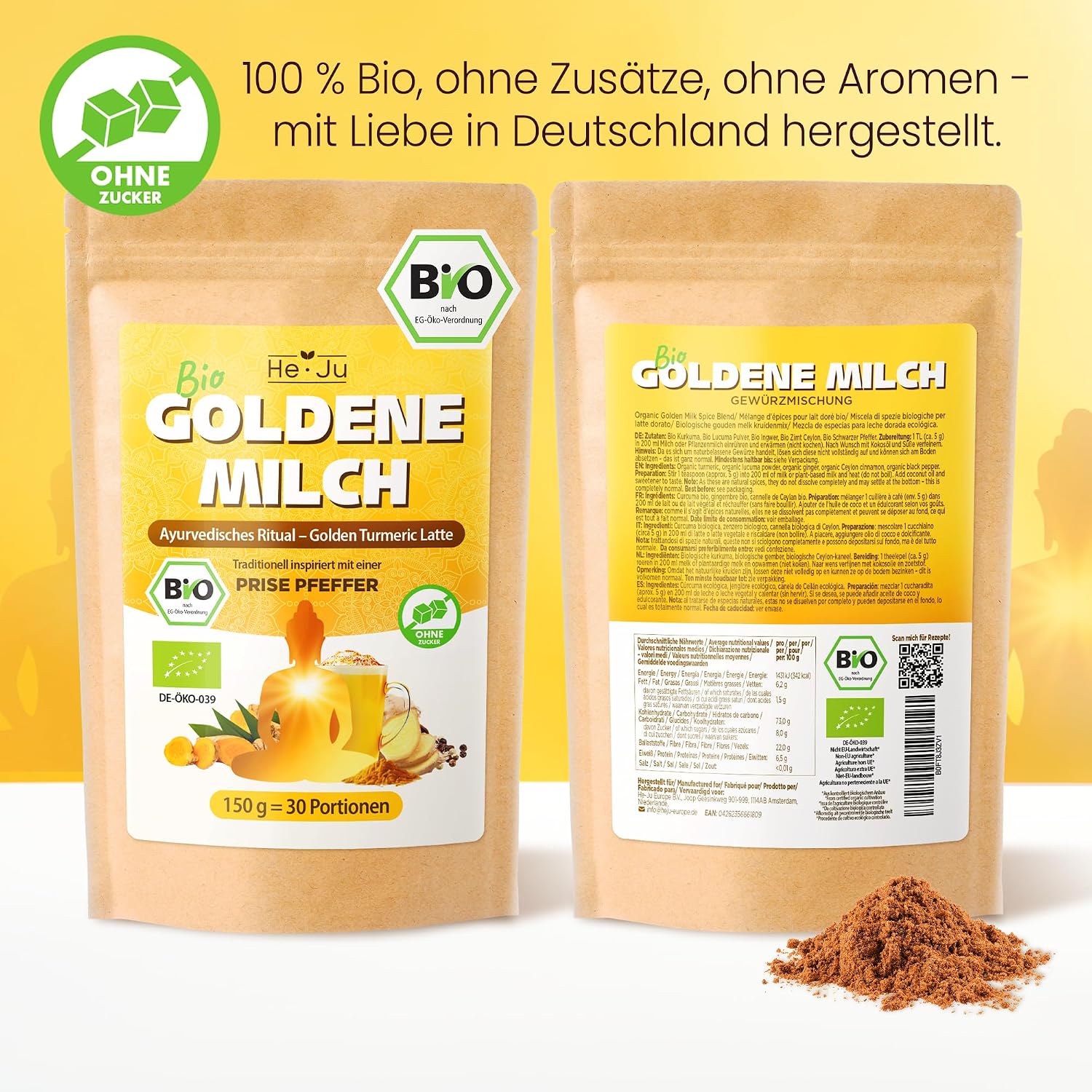 Thumbnail 6 de He-Ju Bio Goldene Milch Classic – Kurkuma-Latte Pulver mit Lucuma & Prise Pfeffer, zuckerfrei, vegan (150 g)