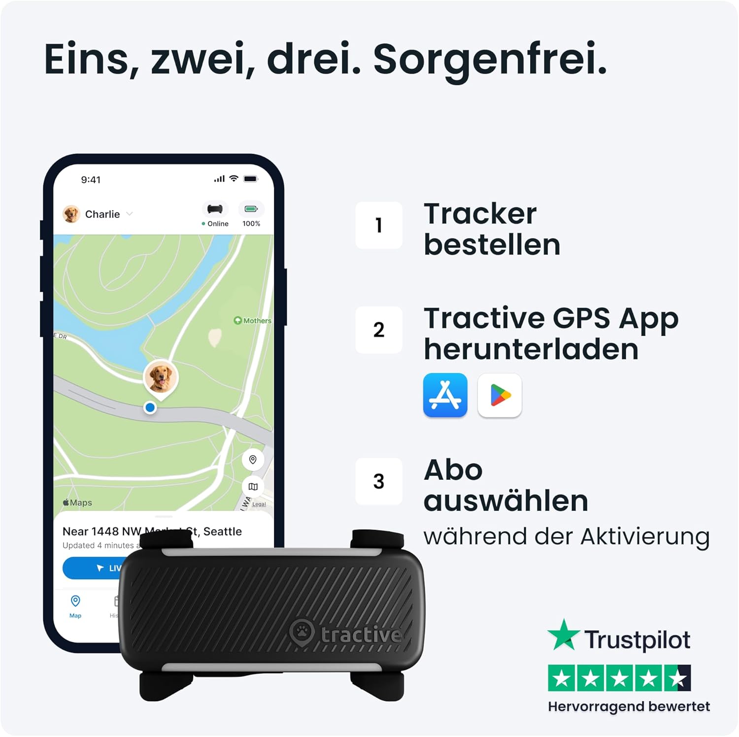 Thumbnail 6 de Tractive Smarter Hunde GPS Tracker (Modell 2025) – Live-GPS-Ortung mit Gesundheitswarnungen (Bundle Schwarz)