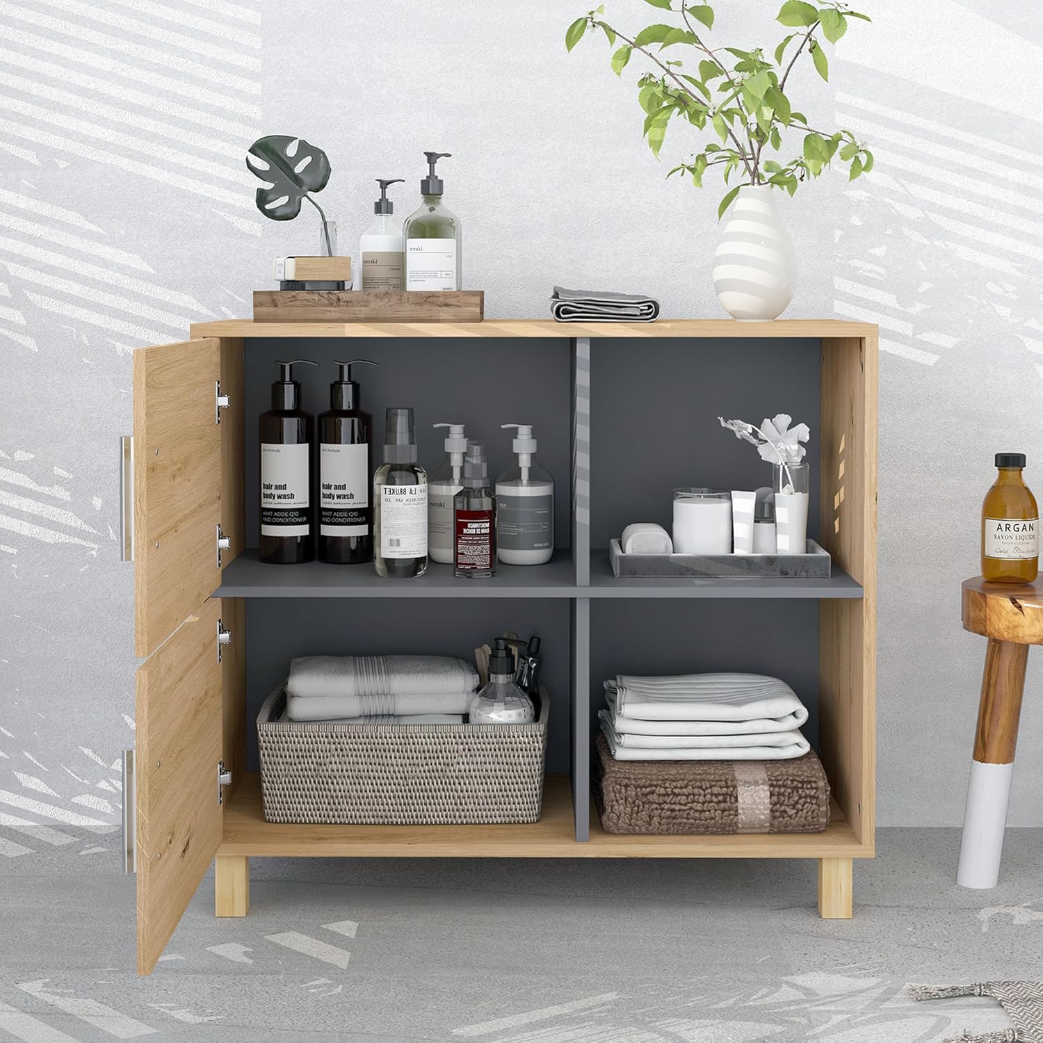 Thumbnail 5 de HOMCOM Meuble de Salle de Bain – rangement 80 x 35 x 70 cm avec placard et compartiments ouverts