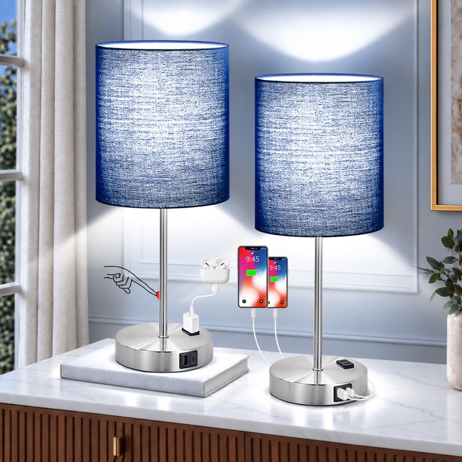 Detalle de Lynnoland Touch Control Table Lamps, Set of 2, 3-Way Dimmable with USB Ports and AC Outlet