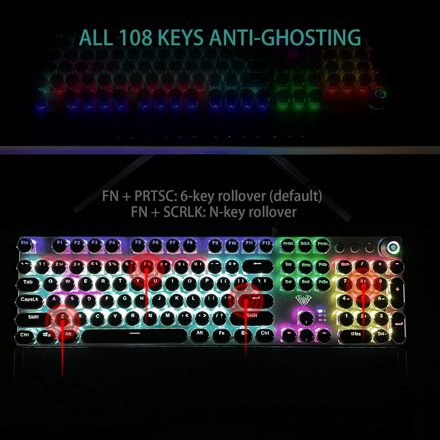 Thumbnail 6 de AULA F2088 Typewriter-Style Mechanical Gaming Keyboard with Blue Switches, Media Knob & Removable Wrist Rest (108-key wired, black)