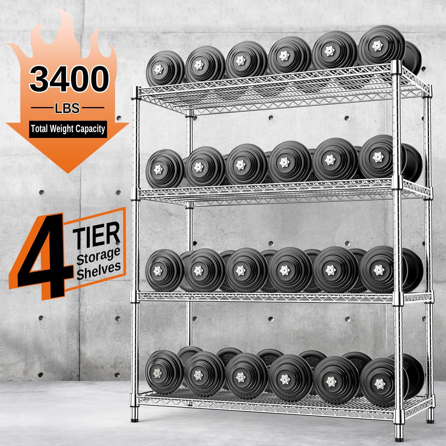 Detalle de IZEUK A45150180BHI401B-HX 4-Tier Adjustable Chrome Metal Shelving Rack