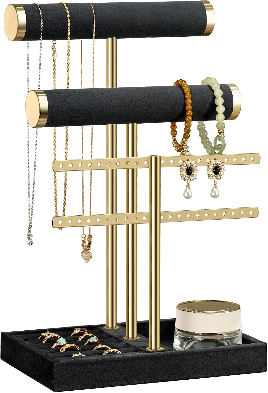 Detalle de Josmimic Schmuck Organizer mit 3 Ebenen in Beige – samtiger Armbandständer mit abnehmbarem T-Steg