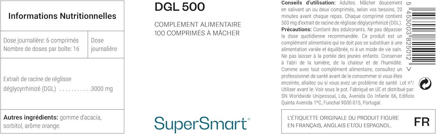 Thumbnail 2 de DGL 500 – Extrait de Racine de Réglisse déglycyrrhizinée, soulagement des reflux gastriques (comprimés à mâcher) – Supersmart