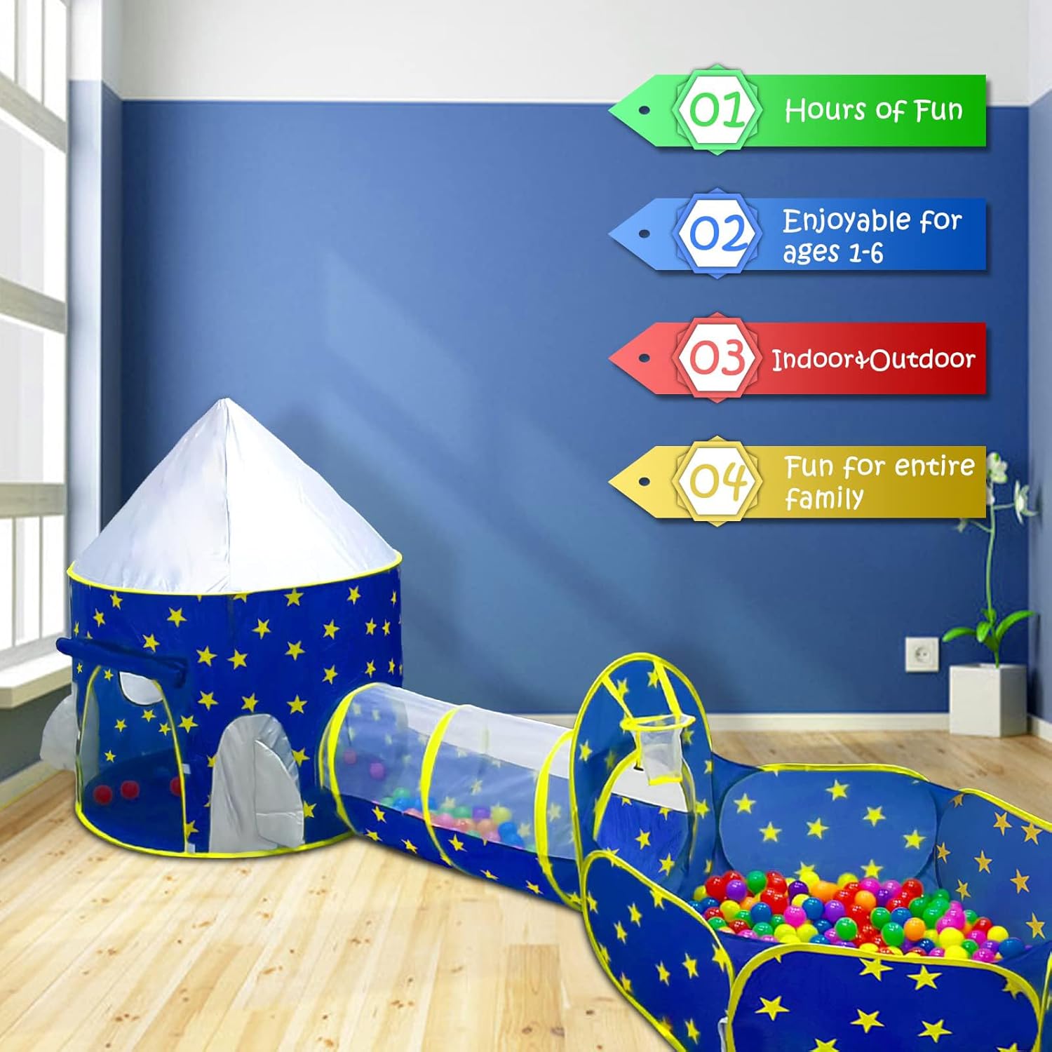 Thumbnail 1 de PigPigPen 3pc Kids Play Tent Set with Ball Pit and Crawl Tunnel (Space Theme)