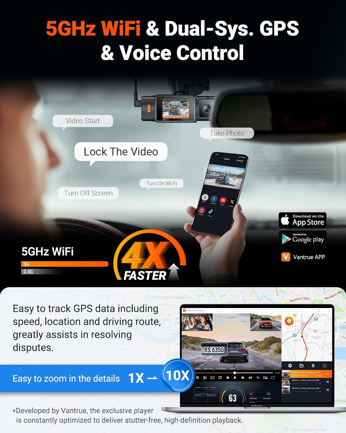 Thumbnail 4 de Vantrue N4S 3-Channel WiFi Dash Cam (STARVIS 2, PlatePix) with GPS, LTE support and 24/7 Parking Mode