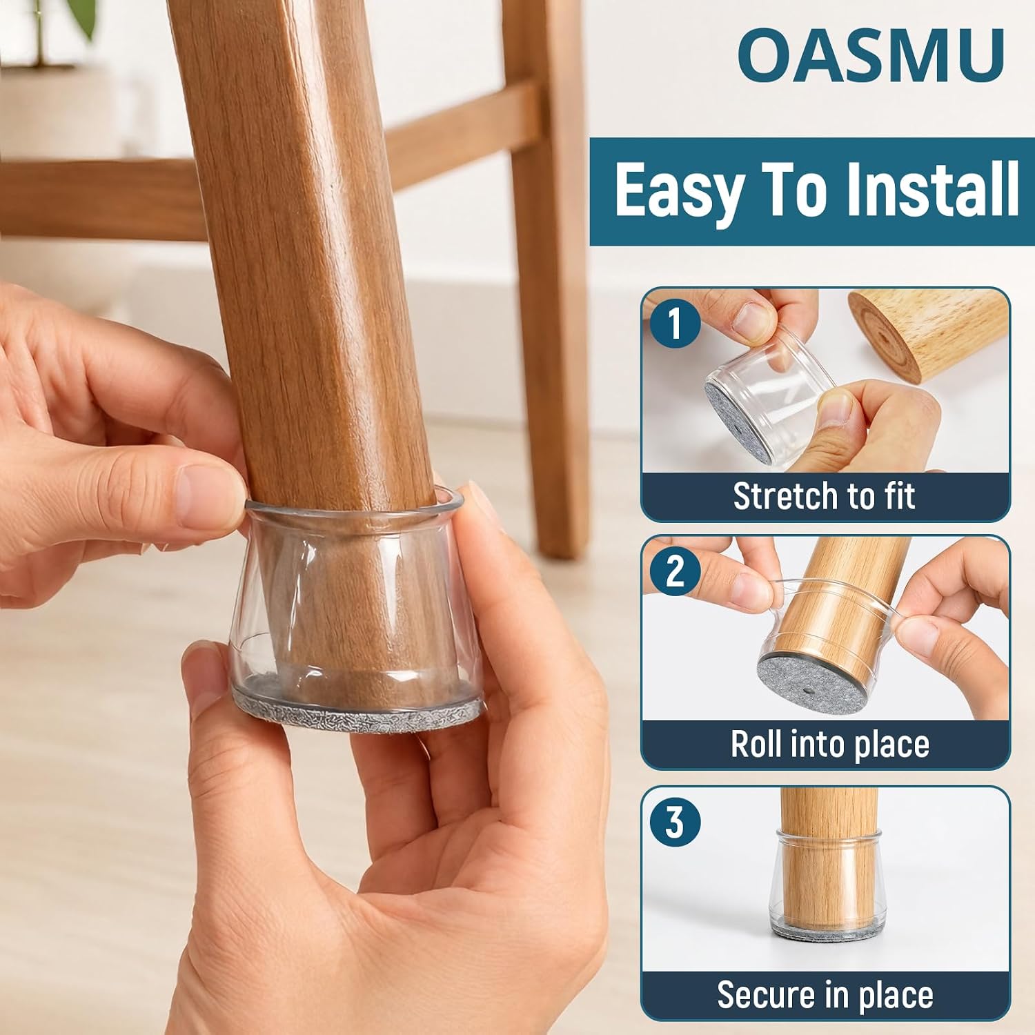 Detalle 2 de OASMU U Silicone Chair Leg Protectors, Clear 32-Pack with Felt Pads