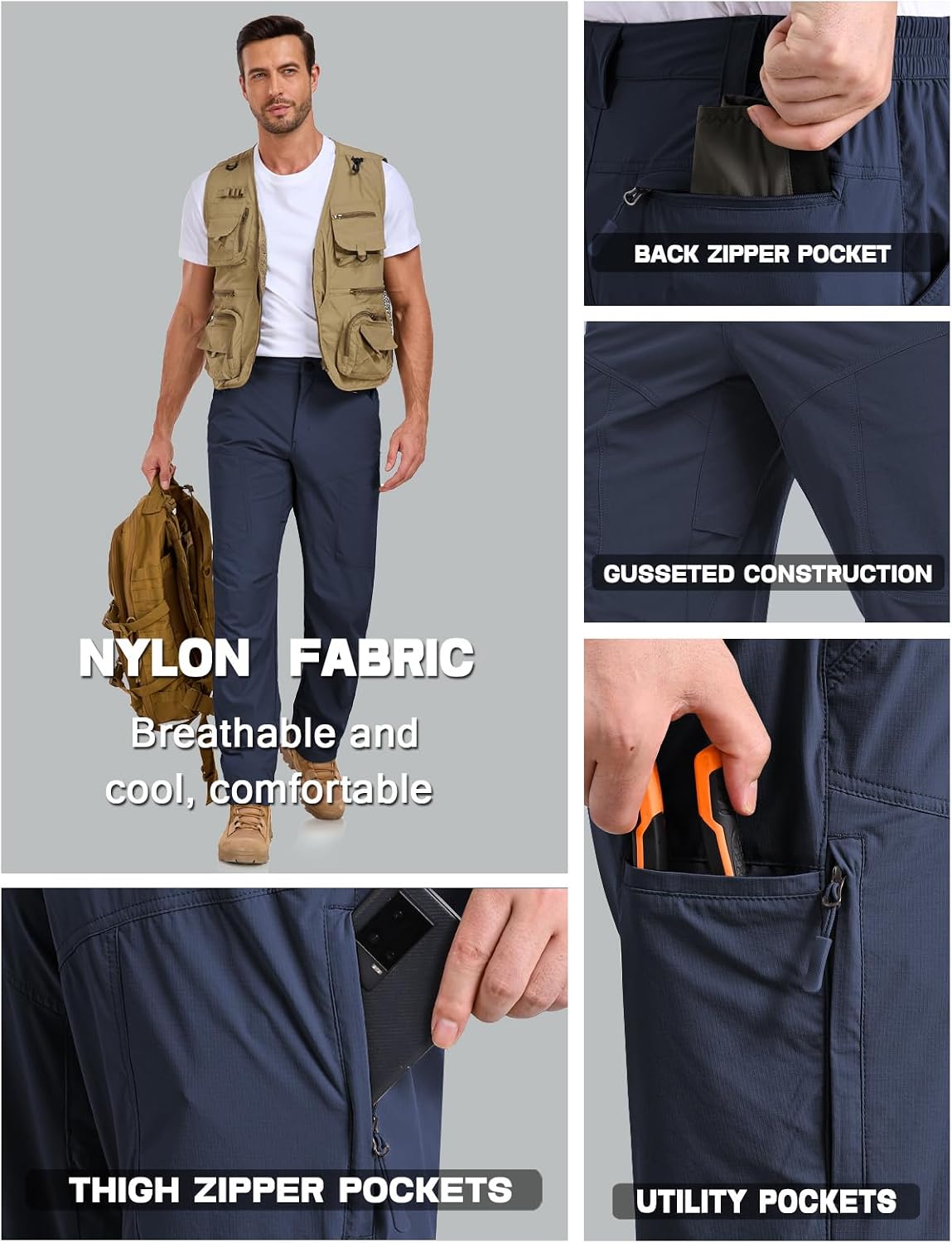 Detalle de SPOSULEI Lightweight Cargo Hiking Pants, Quick-Dry Nylon, 6 Pockets