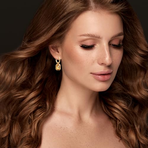 Detalle de Aliyoham Citrine Geometric Hoop Earrings – 14K Gold Plated Hypoallergenic Dangle Jewelry