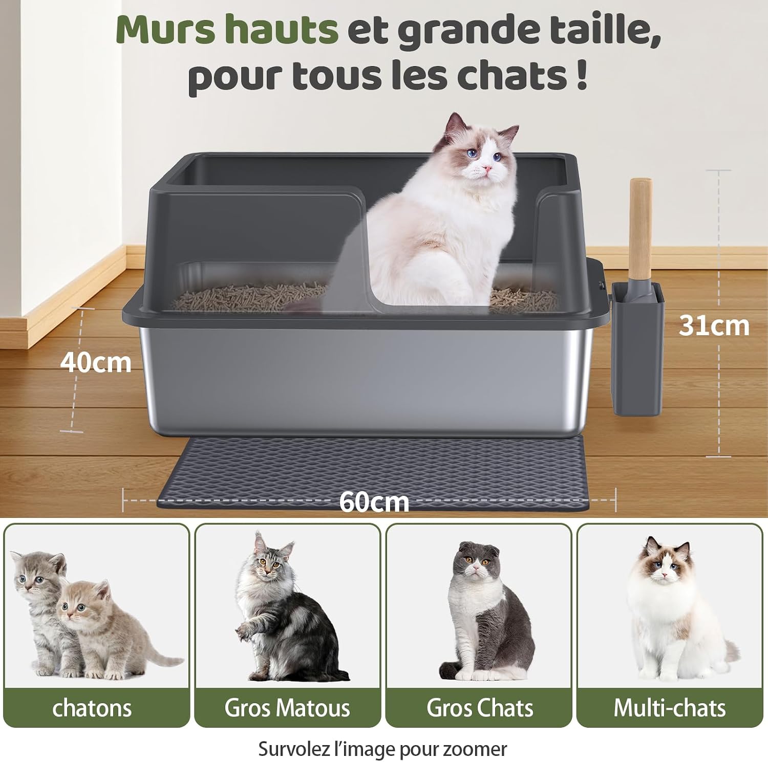 Thumbnail 1 de Gimars XXL bac à litière inox 37L 🐱