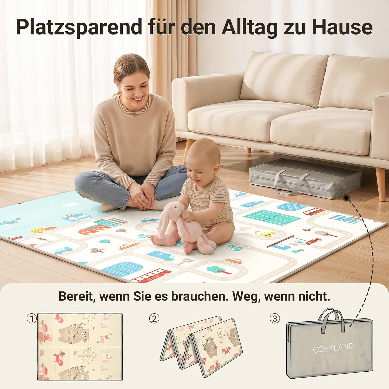 Thumbnail 4 de COSYLAND Krabbelmatte Baby Faltbar 150x180x1 cm – Doppelseitige XPE Spielmatte mit Motiven