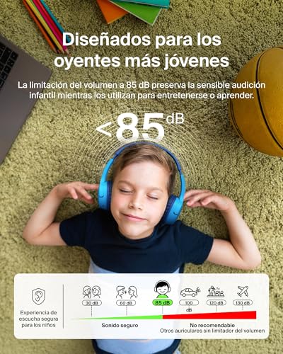 Detalle de Belkin SoundForm Mini: auriculares inalámbricos para niños con micrófono, 30 h de autonomía y seguridad de volumen