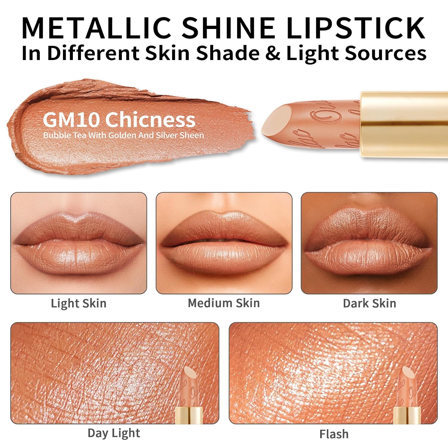 Detalle de OULAC Metallic Glanz Lippenstift „Champagner“ – veganer Lippenstift mit perlenden Schimmerpigmenten