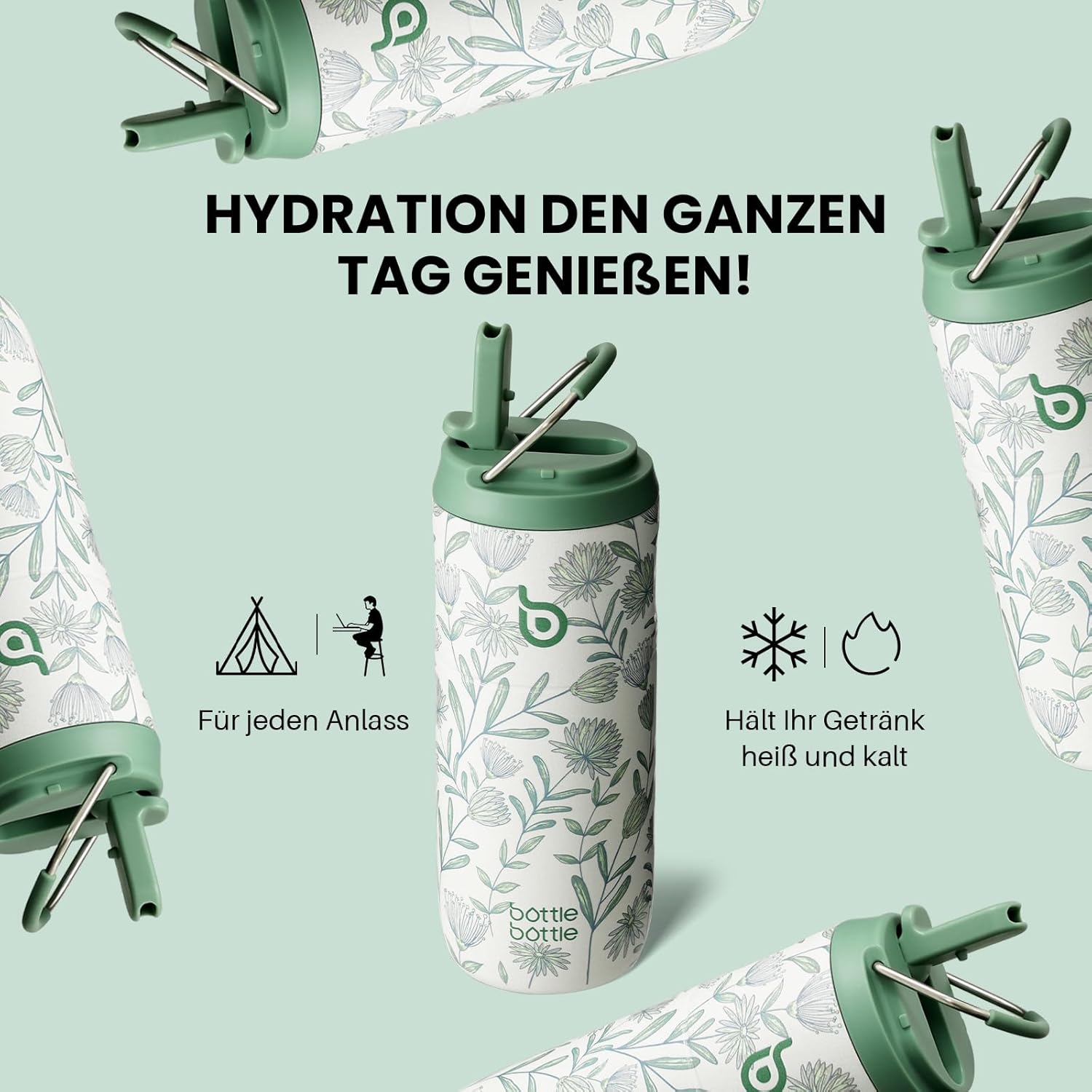 Thumbnail 5 de bottlebottle Gourde en acier inoxydable avec paille, 500 ml, sans BPA (Flourishing Flowers)