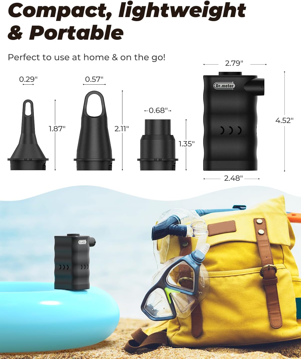 Thumbnail 5 de Dr.meter Pompe à air électrique 6000 mAh – Mini pompe rechargeable à 3 buses (noir)