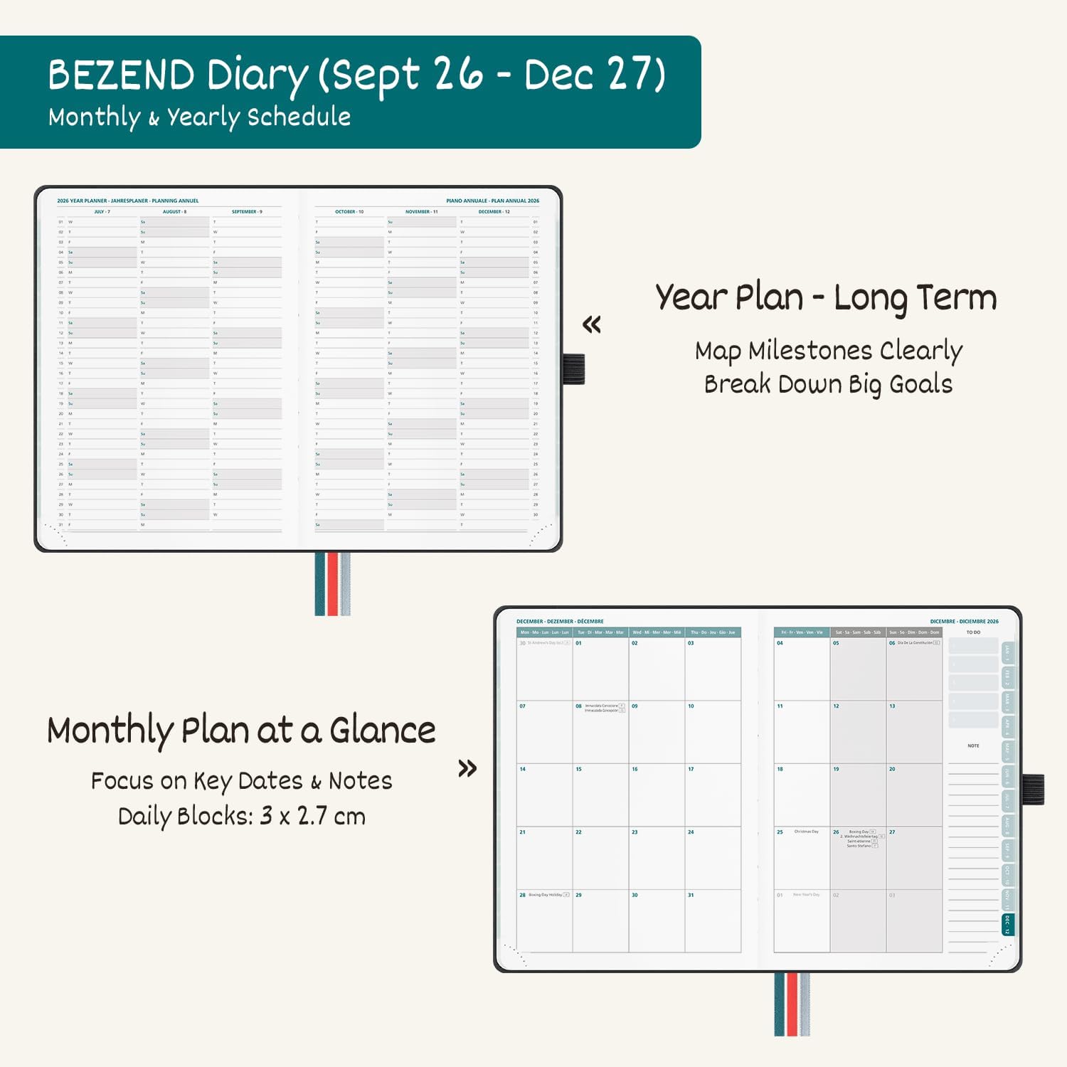 Detalle de BEZEND Academic Diary 2026-2027 Page A Day (Sept'26-Dec'27) Compact 18 x 13 cm – Lavender PU Leather