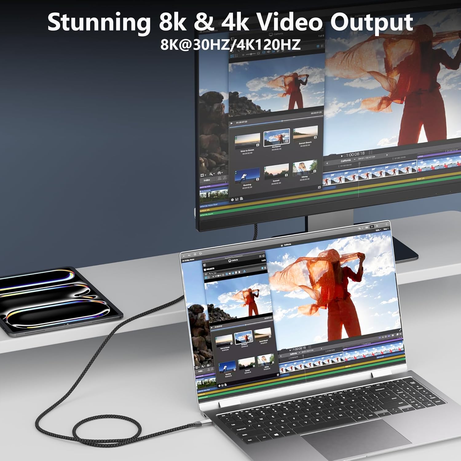 Thumbnail 2 de HOTUTUKI USB-C Kabel 2er-Pack (3m+3m) Nylon Geflochten – 100W, 20Gbps, 4K120Hz