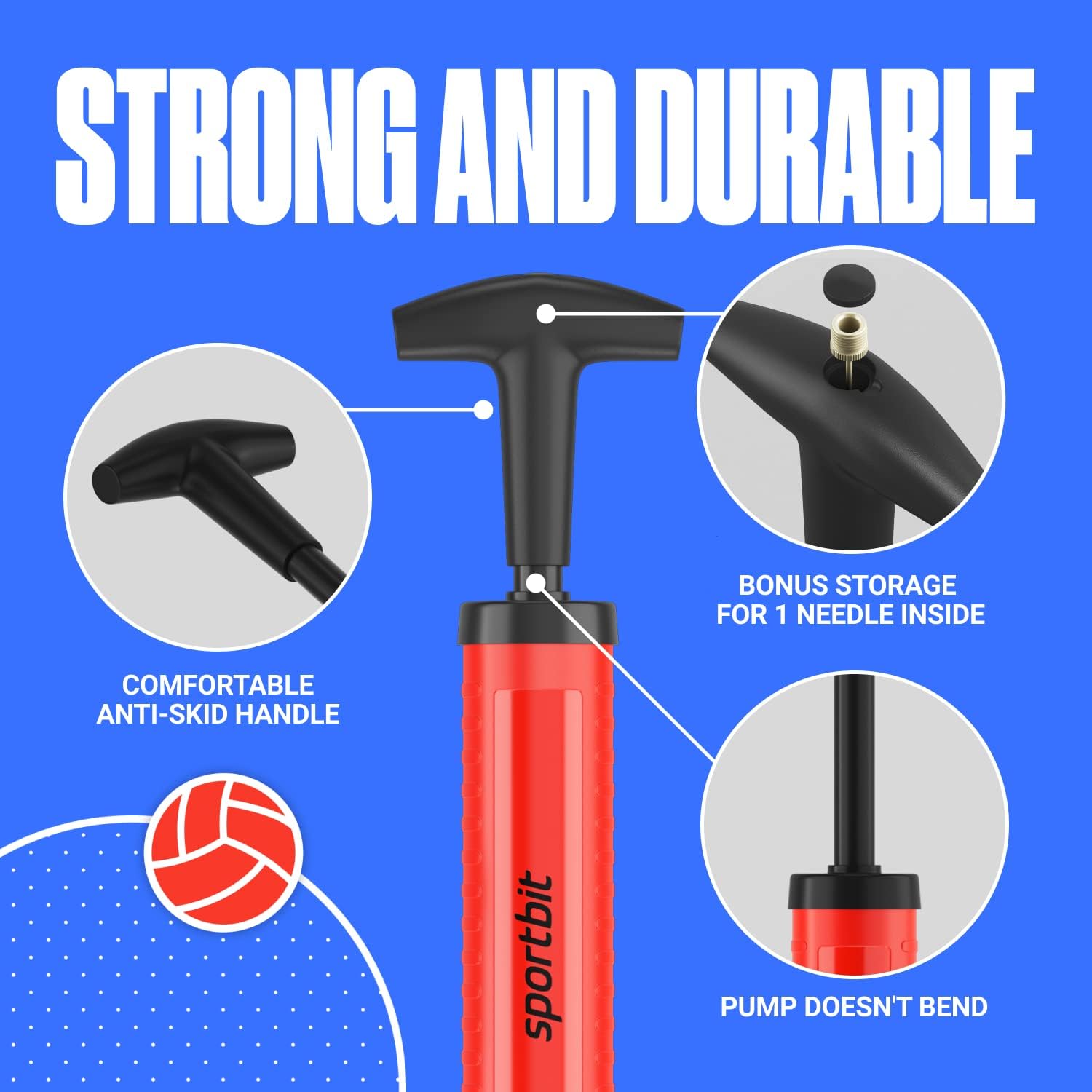 Detalle de SPORTBIT Basketball Pump, Red Plastic Hand Pump with Extension Hose and Ball Accessories