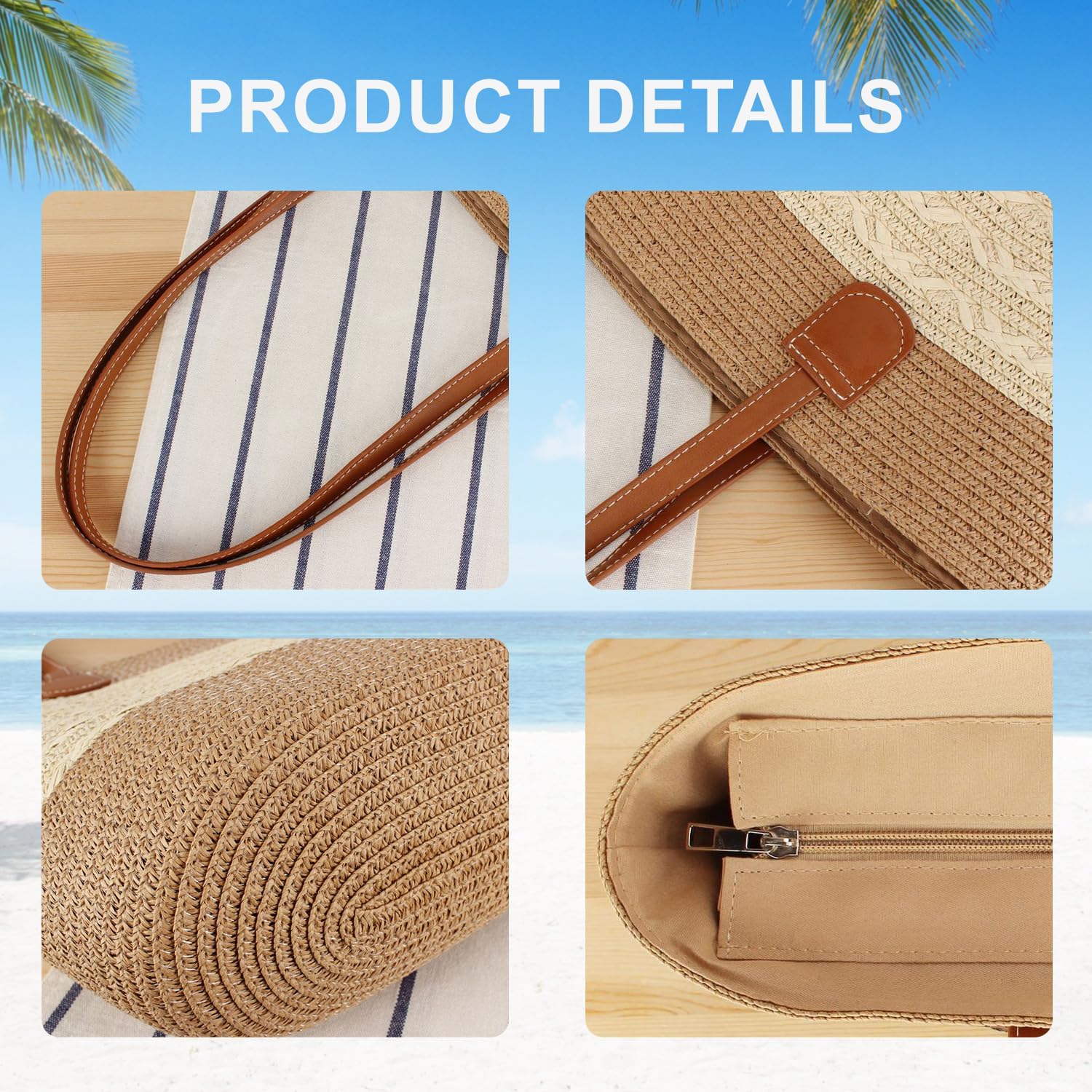 Detalle de Pahajim Summer Handbags for Women Large Tote Bag – Straw, Zip Closure, Ideal for Beach, Travel and Shopping