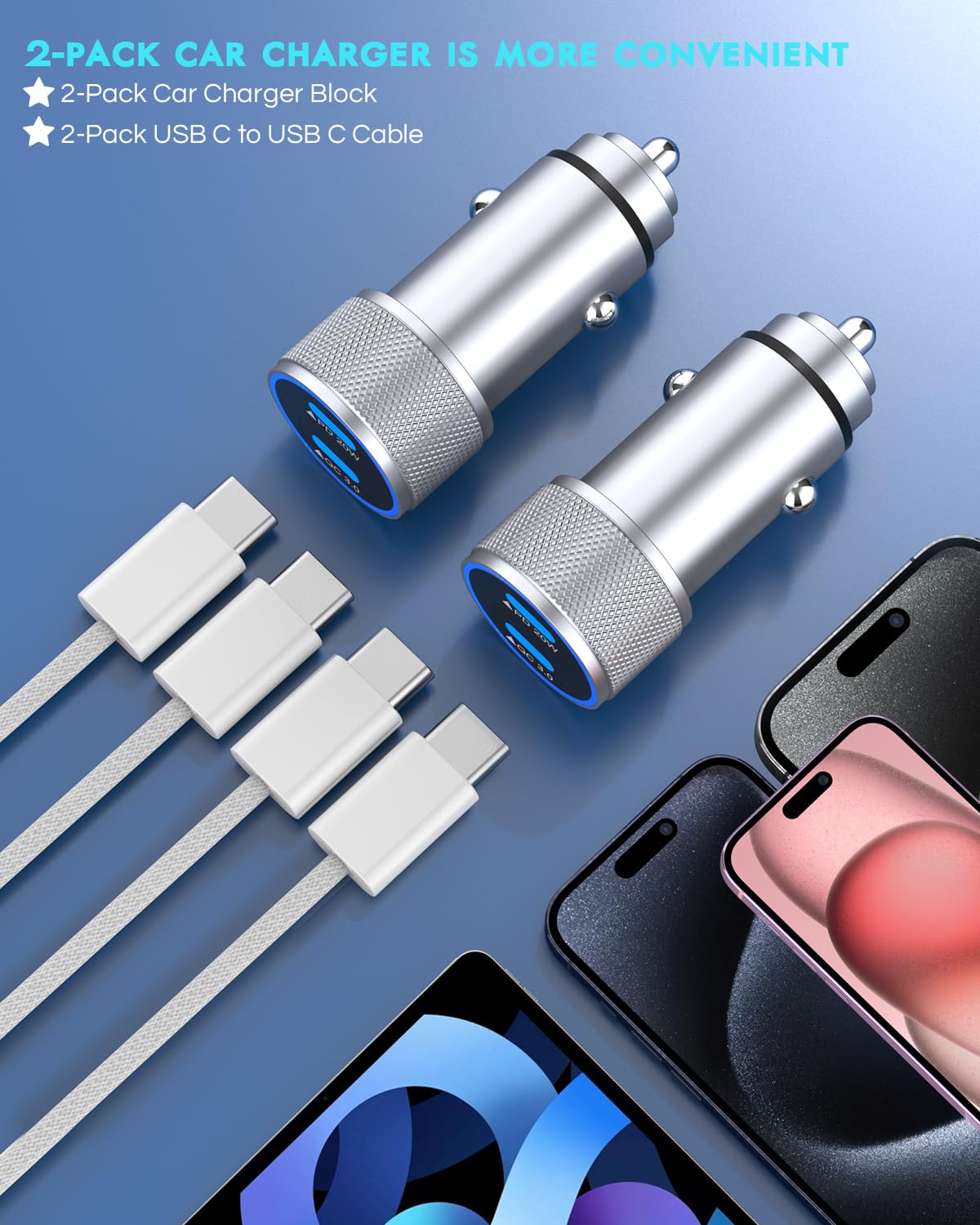 Thumbnail 5 de Fitquipment iPhone 17 Car Charger 2-Pack: Dual USB-C Ports with Nylon Braided Cables